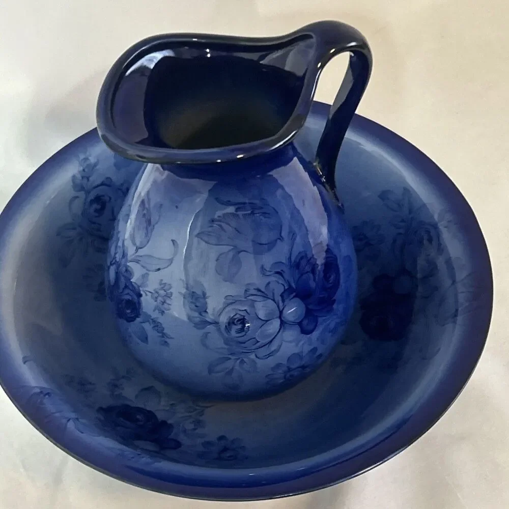 Vintage Staffordshire of England Flow blue Floral Pitcher and Bowl Set